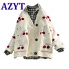 AZYT Fruit cerise broderie tricoté Cardigan automne col en V surdimensionné femme pull veste hiver chaud tricots 210922