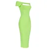 Summer Women Sexy Designer Slash Neck Neon Green Bandage Dress Elegant Mid-calf Bodycon Party Vestido 210527