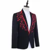 Mäns kostymer Blazers broderade patch jacka, röd och svart tätt jacka för bröllop, scen sångare, fest, dans, middag