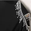 Haute qualité femmes robe noir Stretch cristal diamant col à manches longues Sexy a-ligne plissé Vestidos 210525
