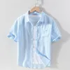 Men's Casual Shirts 100%Linen Short Sleeve Shirt For Men Summer Chest Pocket Tops Male Solid Color Loose Turn-down Collar251U