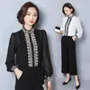 Kadın Bluz Gömlek Gevşek Siyah Beyaz Şifon Gömlek 2021 Sonbahar Işlemeli Standı Yaka Fener Uzun Kollu 691F