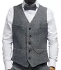 2021 New Brown Groom Vests For Country Wedding Wool Herringbone Groomsmen Attire Men's Party Suit Vests Dress Waistcoat Patchwork England