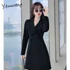 Yitimuceng Button Dress for Women A-Line Solid Black Spring Notched Pullover Long Sleeve High Wais Fashion Clothing 210601