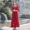 Maxi Red Chiffon Vintage Long Women Dress Embroidery V-neck Female Vestido Tunic Evening Party Elegant Summer 210603