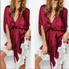 Women's Sleepwear Summer Sexy Satin Lace Robes Women Silk Underwear Lingerie Tops Half Sleeve Nightwear Robe 2021 With Belt