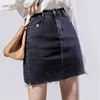 Women Summer Black Blue Solid Casual High Waist Pencil Denim Skirts High Street Pockets Button All-matched Jeans Skirt 210608