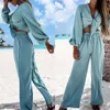 2021 Casual Loose Beach Costume Élégant Tie-Up Tops et Lady Pantalon Taille Haute Tenues Femmes Mode Solide Manches Longues Deux Pièces Ensemble Y0625