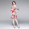 Kvinnor Elegant Vintage Blommor O Neck Flare Ärm Sommar Casual Party Robe Femme Designer Red Print Ruffles Dress Vestidos 210525