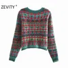 Zevity Women Vintage Square Collar Contrast Color Flower Print Knitting Sweater Female Long Sleeve Chic Cardigans Coat Tops S540 211120