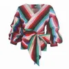 Rainbow Color Striped Print Puff Sleeve Peplum Toppar Kvinnor Och Blusar V Nacke Ruffles Trim med Zipper Office Wear Shirts 210527