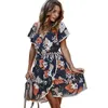 Boho Blumendruck Sommerkleid Frauen Sexy V-Ausschnitt Kurzarm Rüschen Strand Spitze Dekor A-Linie Midi Sommerkleid Robe Femme 210526