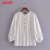 Tangada Women Retro Summer Hollow Out Oversized Cotton Romantic Blouse Shirt Long Sleeve Chic Female Shirt Tops 3H185 210609