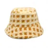 Fashion Plaid Faux Lamb Wool Women Panama Cap Winter Autumn Plush Thick Bucket Hats Warm Outdoor Lady Fisherman Hat