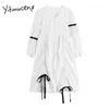 Yitimuceng Robes Femmes Été Bow Lace Up Mini Taille Haute Col V A-Ligne Solide Blanc Noir Mode Coréenne Casual Robe 210601