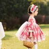 Bahar Çocuklar Kız Parti Elbise Dantel Yay Kırmızı Patchwork Uzun Kollu Prenses Elbiseler Düğün Giysi Gerçekleştir E8032 210610