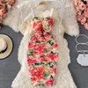 Zomer vrouwen jurk sexy spaghetti riem mouwloze bloemen print vintage slim ruched bodycon elegante partij robe mujer 210603