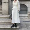 Yitimuceng White Dresses for Women Fashion High Waist Lace Midi Dress Long Puff Sleeve Sundress Spring Office Lady 210601