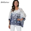 Bhflutter 4XL 5XL 6XL Plus Storlek Blusskjorta Kvinnor Nya Striped Print Sommar Toppar Tees Batwing Sleeve Casual Chiffon Blouses 210315