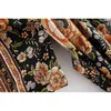 Bohemen v-hals oranje bloem print lange kimono shirt zwart etnische vrouwen vetersluiting boog sjerpen lange vest losse blouse tops 210721