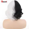 Perucas sintéticas aosiwig cruella cosplay peruca com franja curta cabelo ondulado meio preto branco figurino de halloween natal para mulheres