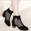Net Yarn Women's Shoes High-heeled Sandals Women Thick Heel Short Tube New Singles Y0721
