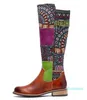 Designer Kvinna Äkta Läder Stitching Hit Färg Kattunge Heel Kvinnors Stövlar Martin Knee Cowskin Boots Kvinnor Skor EUR36-42