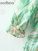 Green Printed Summer Puff Sleeve Shirred Top High Waist Casual Skater Dress Square Collar Women Tiered Midi 210604