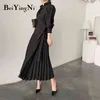 Beiyingni Elegant Stylish Women Puff Sleeve Pleated Long Dress Turndown Collar Spring Autumn Office Ladeis Dress Black Vestidos Y1204