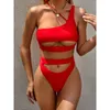 Eine Schulter sexy Bikini Set hohlosen hohen taillierten geschnittenen Frauen Badebekleidung Crop Top Tanga Monokini Sommer