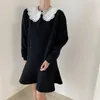 Aelegantmis Casual Peter Pan Collar Dress Femmes Dentelle Lâche Court Trompette Robes Noir Solide Vestidos Femme Coréenne Chic Printemps 210607