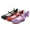 Girls leather Children's Sequin Butterfly High-heel Princess Sparkling With Light Dancing Shoes 210306