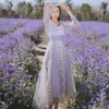 V-neck Empire Fairy Long Women Dress Embroidery Full Sleeve Female Vestidos Ankle-Length Gray Mesh Dresses Summer 210603