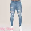 Vit Skinny Stylish Boy Friend Style Ripped Jeans för Mens Distressed Dilapidated Cowboy Broken-Hole Jeans Stretch Blue Black 210622