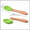 Flatware Kitchen, Dining Bar Home & Gardeby Feeding Wooden Handle Sile Spoon Baby Food Anti-Scald And Fall Resistance Training Spoons E4 Dro