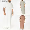 Saudi Style Zipper Jubba Thobe INCERUN Men Solid Color Robes Man Vintage Short Sleeve O Neck Muslim Arabic Islamic Clothes S-5XL