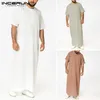 Saudyjski styl zamek błyskawiczny Jubba Thobe INCERUN mężczyźni jednokolorowe szaty mężczyzna w stylu Vintage z krótkim rękawem O Neck muzułmańskie arabskie islamskie ubrania S-5XL