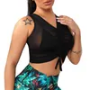 Women Summer Sport Shirt Drawstring Ruched Crop Top V Neck Sleeveless T-Shirt Pleated Sheer Mesh Vest For Yoga Fitness Workout Outfit