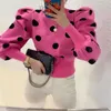 Koreaanse Puff Sleeve Dames Pullover Knitwear Lente Herfst Polka Dot Winter Top Gebreide O-hals Sweater Bodem Jumper 211103