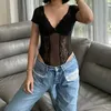 Sexy Kobiety Mesh Koronki Body Body Top Gorset Lato Głębokie V Neck Krótki Rękaw Perspektywy Romper Kombinezony Klub Noc Odzież Y0927