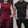 Fashion Summer Mens Sleeveless Hoodie T-Shirts Muscle Sweatshirt Cool Hoody Tops GYM Sport Slim Fitness Hooded Sportswer Tees 210629