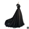 2021 Image réelle noir champagne tulle une ligne robe de bal encolure haute manches modestes appliques de dentelle robes de bal perlées musulman 1704079