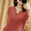Pure cotton T-shirt women summer V-neck pullover solid color knitwear plus size casual sweater short-sleeved tees 210720