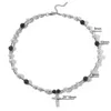 Ожерелья хип-хопли Черно-белое отражающее жемчужное кросс ожерелье из нержавеющей стали ABS жемчужный мужской цепочки клюшки