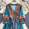 2022 Zomer Boho Casual Vakantie Lange Sundress Women Retro Print Dress V Neck Puff Sleeve A-Line Borduurwerkjurken