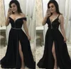 Dwa Style Czarny Linia Prom Dresses High Side Split Koronki Aplikacja Off Ramię Długość Formalna Sukienka Wieczór Wear Party Suknie Vestidos