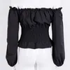 Mode Kvinnor Off Shoulder Top Wear Lace-Up Waist Corset Långärmad Höst T-tröja Ny Sexig Ren Färg Tee Toppar Kvinnlig T-shirt x0628