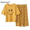 Krótki rękaw Capris Homesuit HomeClothes Soft Printing Crew Neck Piżamy Zestaw 100% Bawełna Kobieta Pijamas Zestaw na lato 210622