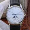 ZF 마스터 울트라 얇은 달 단계 Q1368420 JLC A925 자동 망 시계 39mm 스틸 케이스 화이트 다이얼 블랙 가죽 (올바른 Moonphase) 수퍼 에디션 시계 Puretime B2