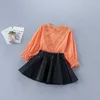 2-7 years high quality girl clothing set autumn fashion casual orange solid shirt + leather skirt kid children 210615